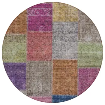 8' Copper Navy Blue And Gold Round Patchwork Washable Indoor Outdoor Area Rug