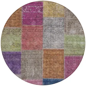 8' Copper Navy Blue And Gold Round Patchwork Washable Indoor Outdoor Area Rug