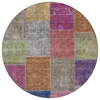 8' Copper Navy Blue And Gold Round Patchwork Washable Indoor Outdoor Area Rug