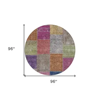 8' Copper Navy Blue And Gold Round Patchwork Washable Indoor Outdoor Area Rug