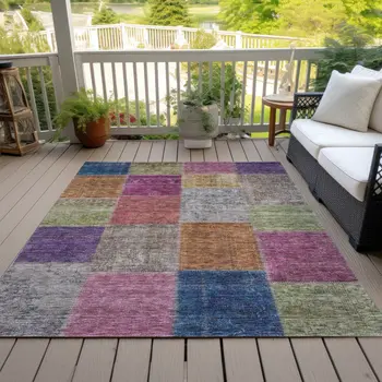 10' X 14' Copper Navy Blue And Gold Patchwork Washable Indoor Outdoor Area Rug