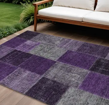 9' X 12' Eggplant Purple And Lilac Patchwork Washable Indoor Outdoor Area Rug