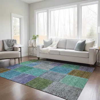 3' X 5' Green Navy Blue And Gray Patchwork Washable Indoor Outdoor Area Rug