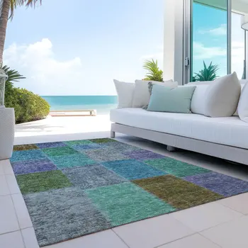 5' X 8' Green Navy Blue And Gray Patchwork Washable Indoor Outdoor Area Rug