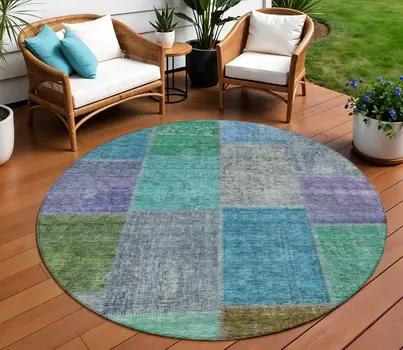 8' Green Navy Blue And Gray Round Patchwork Washable Indoor Outdoor Area Rug