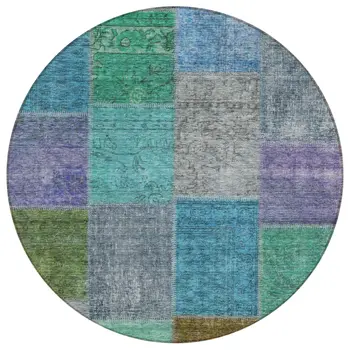 8' Green Navy Blue And Gray Round Patchwork Washable Indoor Outdoor Area Rug