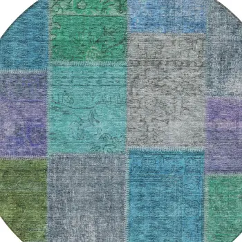 8' Green Navy Blue And Gray Round Patchwork Washable Indoor Outdoor Area Rug
