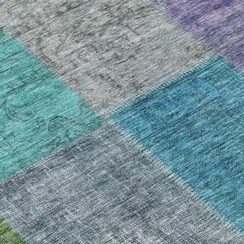 8' Green Navy Blue And Gray Round Patchwork Washable Indoor Outdoor Area Rug