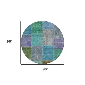 8' Green Navy Blue And Gray Round Patchwork Washable Indoor Outdoor Area Rug