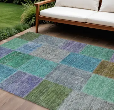8' X 10' Green Navy Blue And Gray Patchwork Washable Indoor Outdoor Area Rug