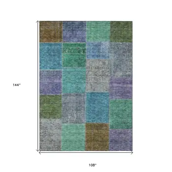 9' X 12' Green Navy Blue And Gray Patchwork Washable Indoor Outdoor Area Rug