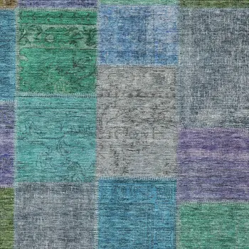 10' X 14' Green Navy Blue And Gray Patchwork Washable Indoor Outdoor Area Rug