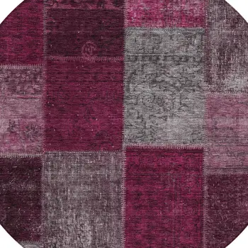 8' Merlot Burgundy And Gray Round Patchwork Washable Indoor Outdoor Area Rug