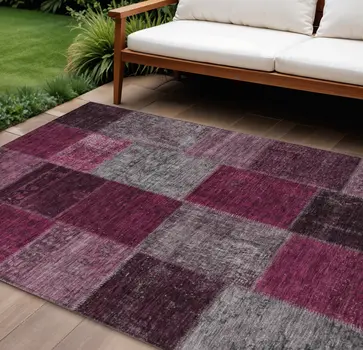 10' X 14' Merlot Burgundy And Gray Patchwork Washable Indoor Outdoor Area Rug