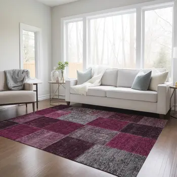 10' X 14' Merlot Burgundy And Gray Patchwork Washable Indoor Outdoor Area Rug