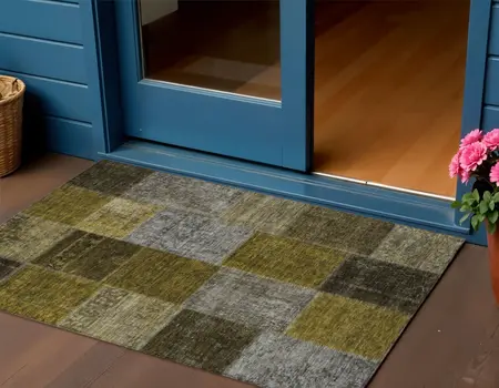 3' X 5' Brown Gold And Taupe Patchwork Washable Indoor Outdoor Area Rug