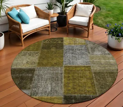 8' Brown Gold And Taupe Round Patchwork Washable Indoor Outdoor Area Rug
