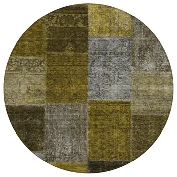8' Brown Gold And Taupe Round Patchwork Washable Indoor Outdoor Area Rug