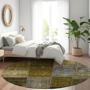 8' Brown Gold And Taupe Round Patchwork Washable Indoor Outdoor Area Rug