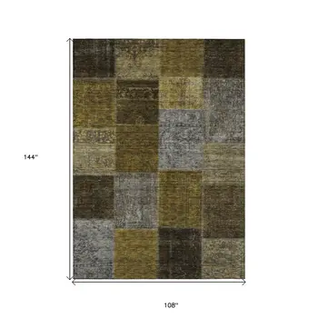 9' X 12' Brown Gold And Taupe Patchwork Washable Indoor Outdoor Area Rug