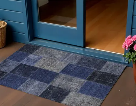3' X 5' Navy Blue And Denim Blue Patchwork Washable Indoor Outdoor Area Rug