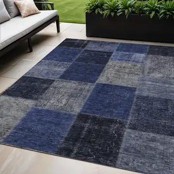 5' X 8' Navy Blue And Denim Blue Patchwork Washable Indoor Outdoor Area Rug