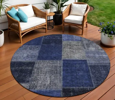 8' Navy Blue And Denim Blue Round Patchwork Washable Indoor Outdoor Area Rug