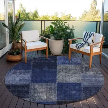 8' Navy Blue And Denim Blue Round Patchwork Washable Indoor Outdoor Area Rug
