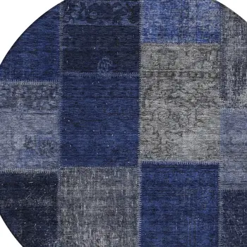 8' Navy Blue And Denim Blue Round Patchwork Washable Indoor Outdoor Area Rug
