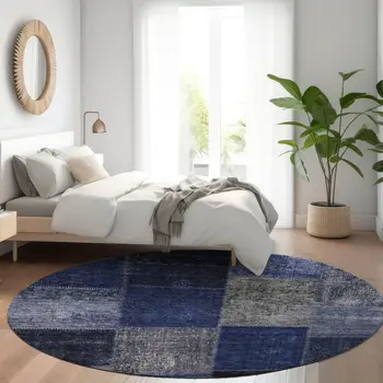 8' Navy Blue And Denim Blue Round Patchwork Washable Indoor Outdoor Area Rug