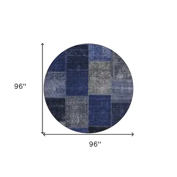 8' Navy Blue And Denim Blue Round Patchwork Washable Indoor Outdoor Area Rug