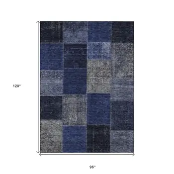 8' X 10' Navy Blue And Denim Blue Patchwork Washable Indoor Outdoor Area Rug