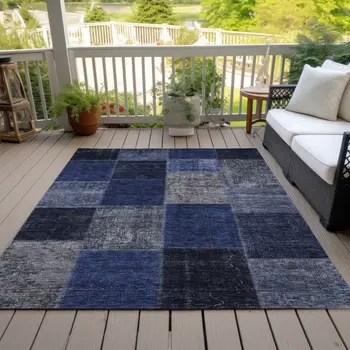 9' X 12' Navy Blue And Denim Blue Patchwork Washable Indoor Outdoor Area Rug