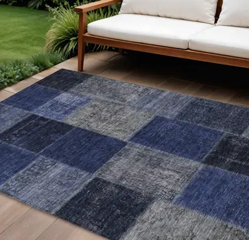 10' X 14' Navy Blue And Denim Blue Patchwork Washable Indoor Outdoor Area Rug