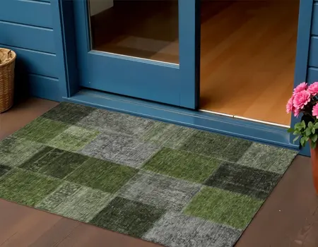 3' X 5' Olive Green And Artichoke Green Patchwork Washable Indoor Outdoor Area Rug