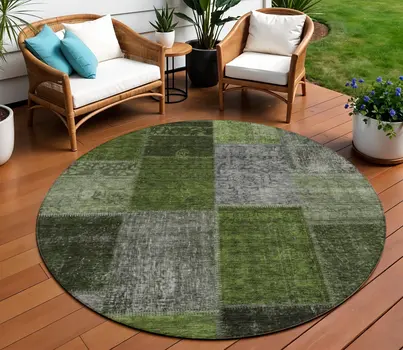 8' Olive Green And Artichoke Green Round Patchwork Washable Indoor Outdoor Area Rug