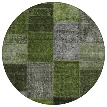 8' Olive Green And Artichoke Green Round Patchwork Washable Indoor Outdoor Area Rug