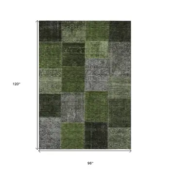8' X 10' Olive Green And Artichoke Green Patchwork Washable Indoor Outdoor Area Rug