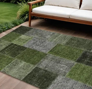 8' X 10' Olive Green And Artichoke Green Patchwork Washable Indoor Outdoor Area Rug