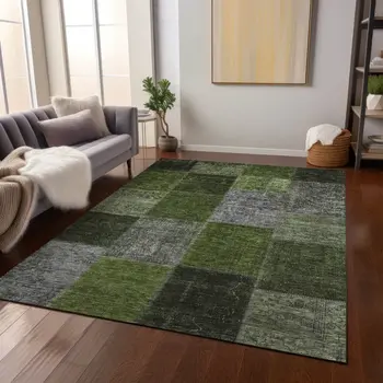8' X 10' Olive Green And Artichoke Green Patchwork Washable Indoor Outdoor Area Rug