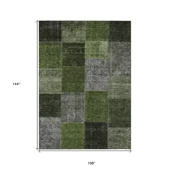 9' X 12' Olive Green And Artichoke Green Patchwork Washable Indoor Outdoor Area Rug