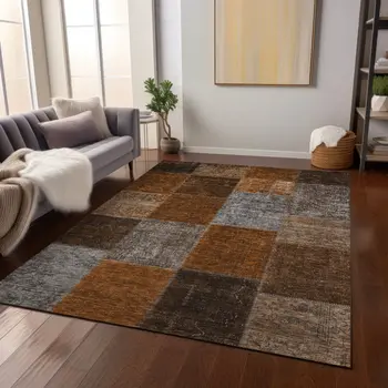 3' X 5' Orange And Taupe Patchwork Washable Indoor Outdoor Area Rug