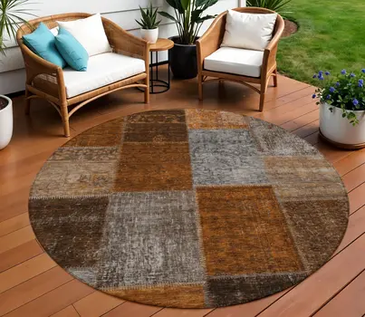 8' Orange And Taupe Round Patchwork Washable Indoor Outdoor Area Rug