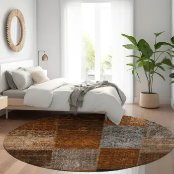 8' Orange And Taupe Round Patchwork Washable Indoor Outdoor Area Rug