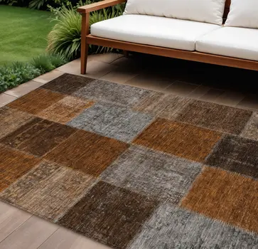 8' X 10' Orange And Taupe Patchwork Washable Indoor Outdoor Area Rug