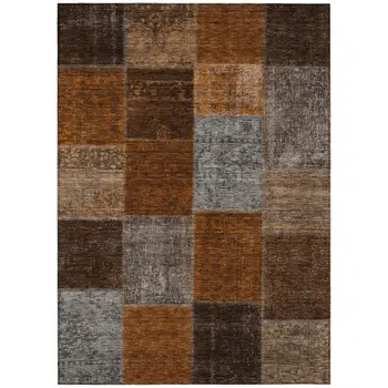 9' X 12' Orange And Taupe Patchwork Washable Indoor Outdoor Area Rug