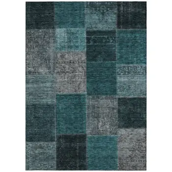 3' X 5' Teal Blue Aqua And Charcoal Patchwork Washable Indoor Outdoor Area Rug