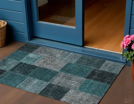 3' X 5' Teal Blue Aqua And Charcoal Patchwork Washable Indoor Outdoor Area Rug