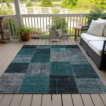 3' X 5' Teal Blue Aqua And Charcoal Patchwork Washable Indoor Outdoor Area Rug