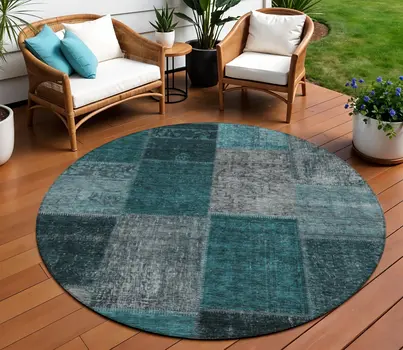 8' Teal Blue Aqua And Charcoal Round Patchwork Washable Indoor Outdoor Area Rug